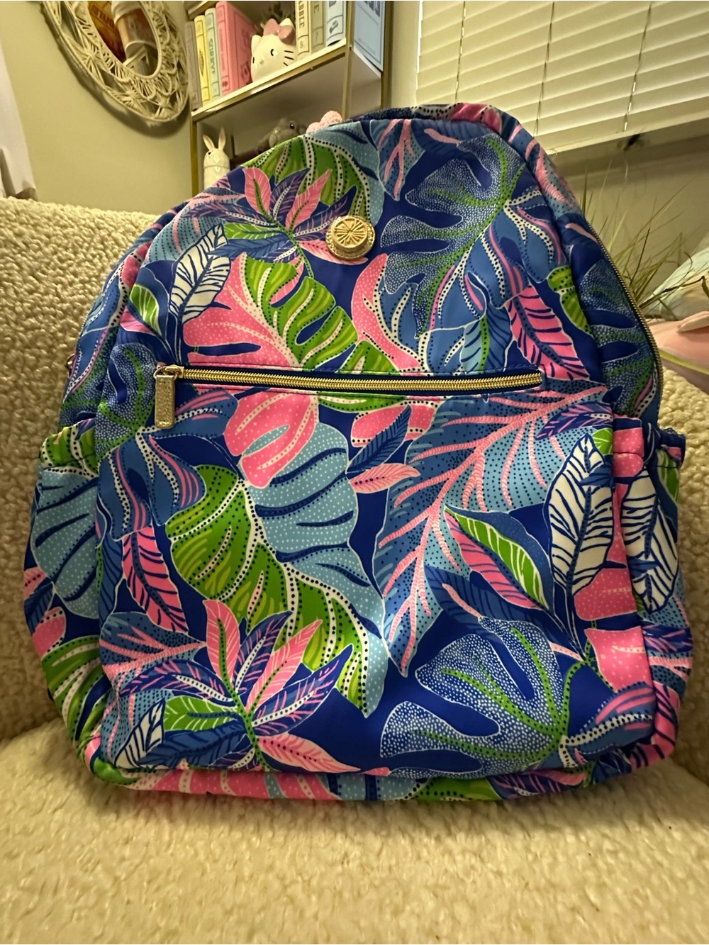 Lilly Pulitzer Blue Pink Green Tropical Leaf Backpack